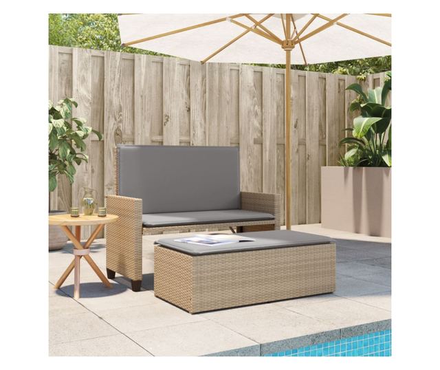 bézs polyrattan kerti pad párnákkal és lábtartóval