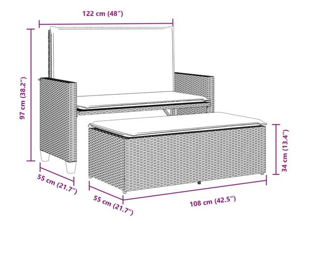 bézs polyrattan kerti pad párnákkal és lábtartóval