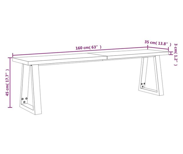 Пейка с естествени ръбове 160 см, масивна дървесина от акация