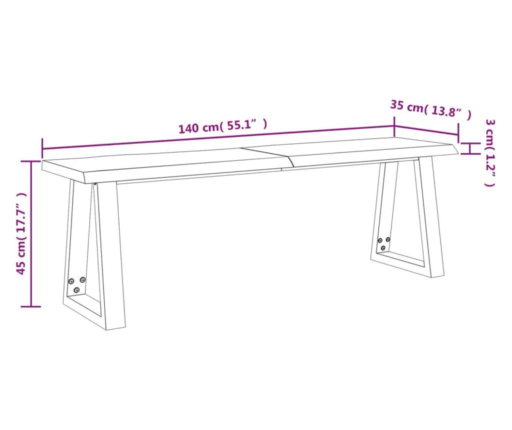 Пейка с естествени ръбове 140 см, масивна дървесина от акация - 9