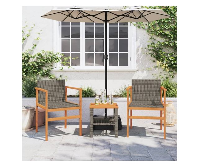 2 db szürke polyrattan és tömör fa kerti szék