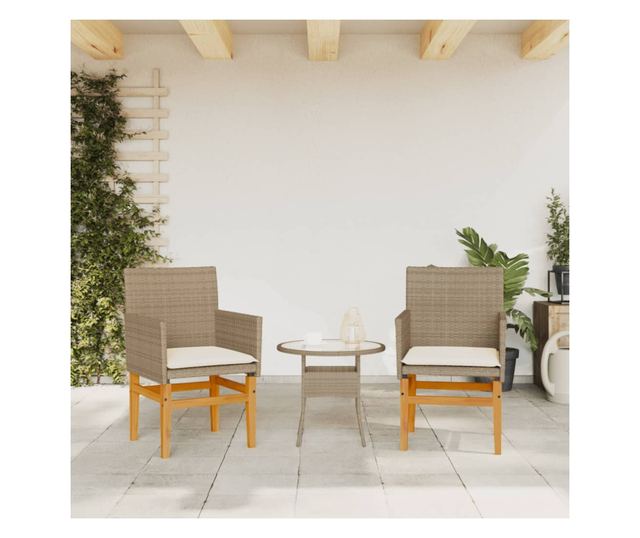 2 db bézs polyrattan és tömör fa kerti szék párnával