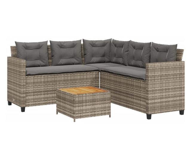 L-alakú szürke polyrattan kerti kanapé asztallal és párnákkal