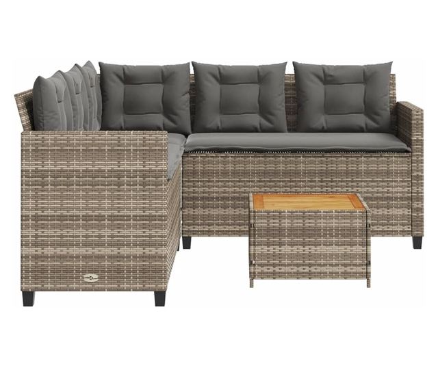 L-alakú szürke polyrattan kerti kanapé asztallal és párnákkal