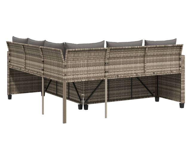 L-alakú szürke polyrattan kerti kanapé asztallal és párnákkal