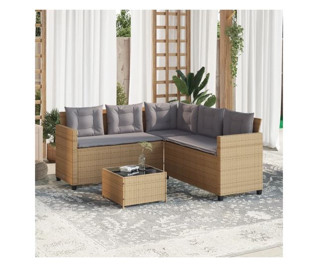 L-alakú bézs polyrattan kerti kanapé asztallal és párnával