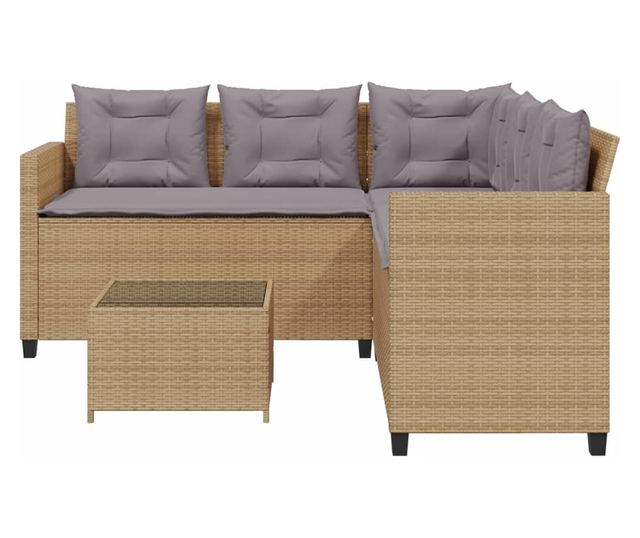 L-alakú bézs polyrattan kerti kanapé asztallal és párnával