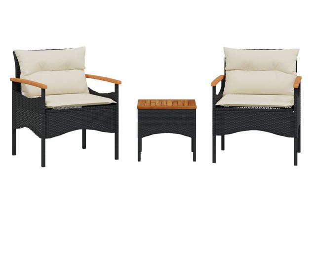 3 részes fekete polyrattan kerti ülőgarnitúra párnával