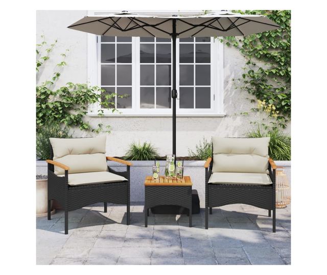 3 részes fekete polyrattan kerti ülőgarnitúra párnával