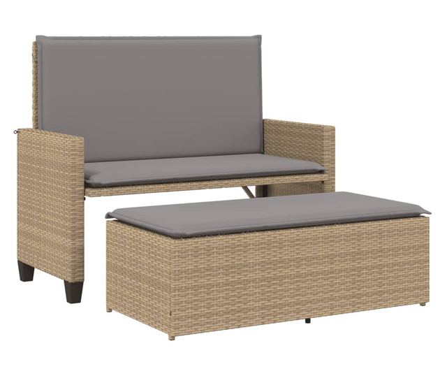 bézs polyrattan kerti pad párnákkal és lábtartóval