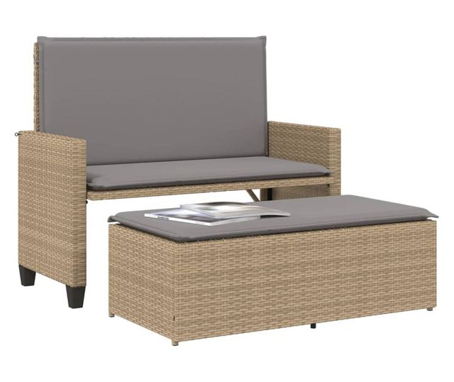 bézs polyrattan kerti pad párnákkal és lábtartóval