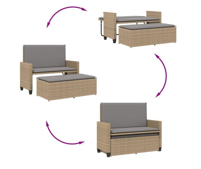 bézs polyrattan kerti pad párnákkal és lábtartóval