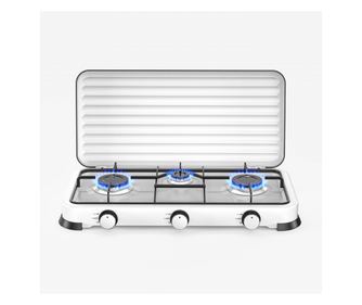 Plita tripla pe gaz cu capac Rosberg R51454D3, 2x2,2kWh 1x1kWh, 30 mbar, otel carbon, alb