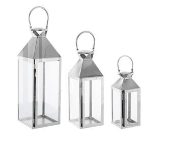 Set od 3 srebrna čelična lampiona Flurry 10x10x27 cm, 14x14x40 cm, 18x18x53 cm