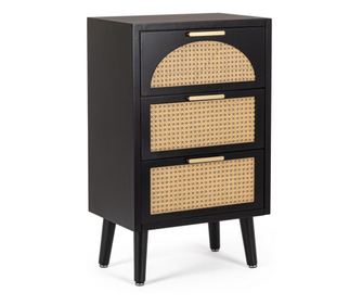 Κομό 3 συρτάρια mdf μαύρο ρατάν φυσικό Josine 45x30x73 cm