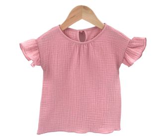 Tricou cu volanase la maneci pentru copii, din muselina, Blushing Pink, 2-3 ani