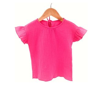 Tricou cu volanase la maneci pentru copii, din muselina, Pink Pop, 3-4 ani
