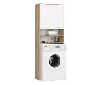 Dulap baie cu loc pentru masina de spalat, placa laminata, 4 rafturi, 2 usi, stejar si alb, 64x30x180 cm