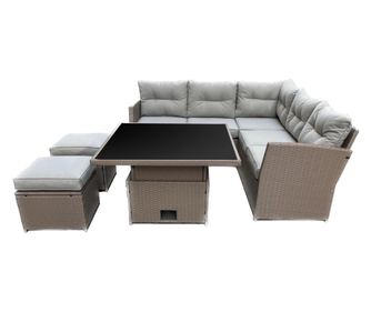 Kerti / terasz bútorkészlet, polirattan, barna és krémszínű, 1 asztal, 2 széklet, 1 sarok kanapé, Chomik, Cassy