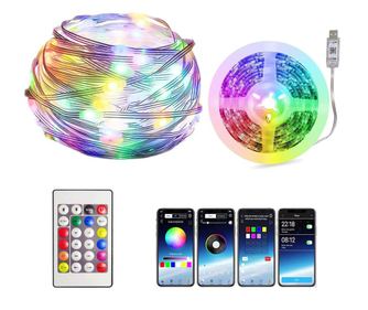 Ghirlanda Luminoasa Decorativa din Cupru 10m cu 100 LED-uri RGB, 16 Culori, cu Cablu USB si Telecomanda