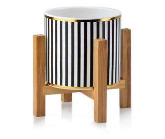 Luksuzna keramička tegla za cvijeće s drvenim postoljem, Ø 12,5 cm, Visina 16,5 cm, Bijela / Crna / Zlatna