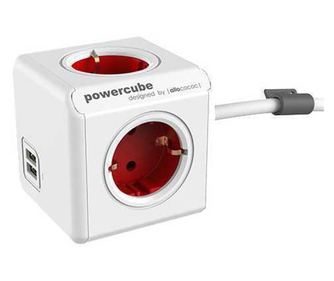 Πολύπριζο σε σχήμα κύβου 4 υποδοχές 2x USB μήκος καλωδίου 1.5m κόκκινο Allocacoc
