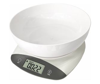 Cantar de bucatarie cu bol Rosberg R51651Q, Pana la 5 kg, 2 x baterii AAA incluse, display LED, Gri