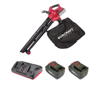 Worcraft 2x20V Li-ion akkumulátoros, 4 Ah-s akkumulátorral, 2x20V-os töltővel, gyűjtőzsákkal ellátott lombszívó