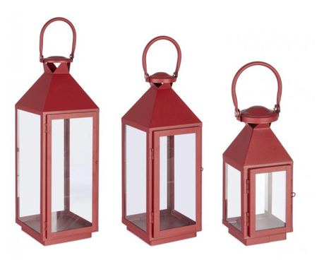 Komplet 3 rdečih kovinskih lantern Lucinda, 11x10x25 cm, 15.5x15x40 cm, 19.5x19x55 cm