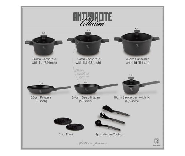 Set oale si tigai 15 piese Anthracite Berlinger Haus BH 8141