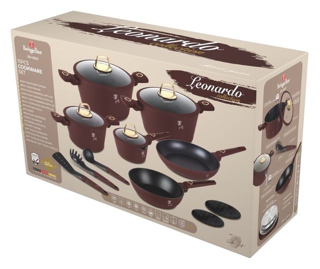 Set de oale de 15 piese Leonardo Collection Berlinger Haus BH 8051, antiaderente, strat titan, visiniu mat