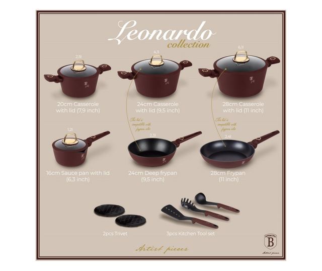 Set de oale de 15 piese Leonardo Collection Berlinger Haus BH 8051, antiaderente, strat titan, visiniu mat