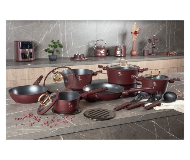 Set de oale de 15 piese Leonardo Collection Berlinger Haus BH 8051, antiaderente, strat titan, visiniu mat