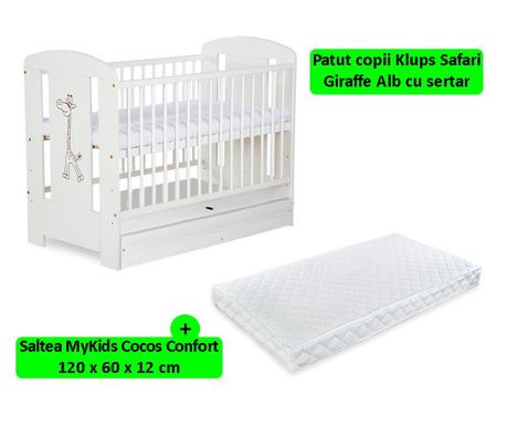 Klups Safari Žirafa Bijeli Krevetić s Ladicom + 12 MyKids Madrac