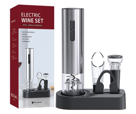 Set Tirbușon Electric Premium, AB Luxury Concept®, 4 in 1 cu tăietor de folie, dop de vid și aerator, baza suport, încărcare USB