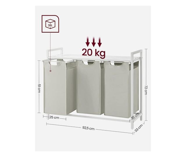 Dulap baie, Artool, placa raft MDF, cadru otel, 3 compartimente rufe, alb, 92.5x33x72 cm