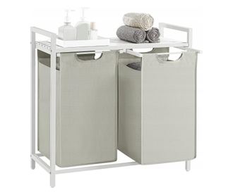Raft baie cu cosuri rufe, Artool, placa raft MDF, cadru otel, 2 compartimente rufe, alb, 73x33x72 cm