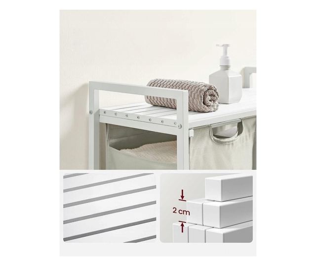 Raft baie cu cosuri rufe, Artool, placa raft MDF, cadru otel, 2 compartimente rufe, alb, 73x33x72 cm