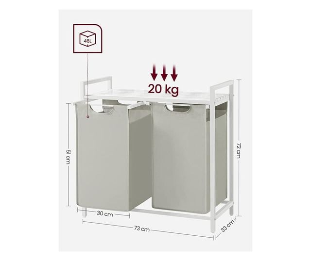 Raft baie cu cosuri rufe, Artool, placa raft MDF, cadru otel, 2 compartimente rufe, alb, 73x33x72 cm