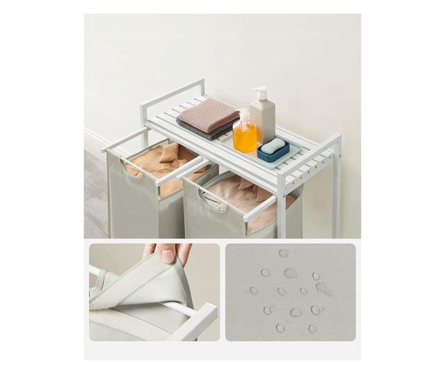 Raft baie cu cosuri rufe, Artool, placa raft MDF, cadru otel, 2 compartimente rufe, alb, 73x33x72 cm
