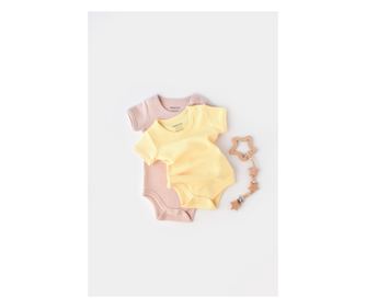 Set 2 unisex otroških bodijev - 100% organski bombaž - Rumena/Roza, BabyCosy (Velikost: 3-6 mesecev)