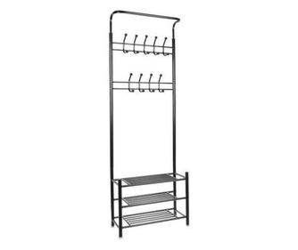Закачалка с 3 рафта за обувки, 2x9 кукички, Металик, 65x29x192 см, Черен
