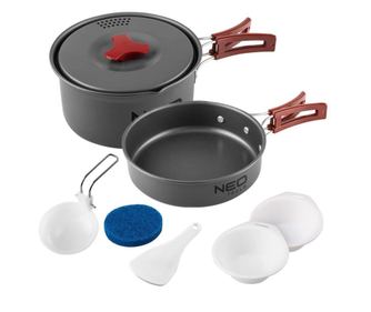 Oala si tigaie turistica, camping, aluminiu, cu accesorii, set 8 piese, NEO 