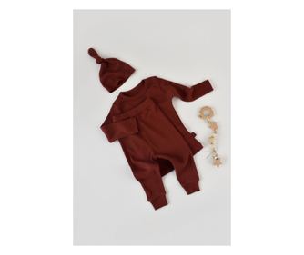 3 részes készlet: hosszú ujjú blúz, hosszú nadrág és organikus és modális pamut sapka - BabyCosy tégla (méret: 12-18 hónap)