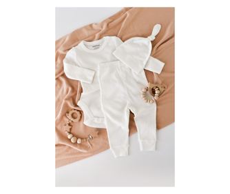 3 részes készlet: hosszú ujjú test, hosszú nadrág és organikus és modális pamut sapka - Ecru BabyCosy (méret: 12-18 hónap)