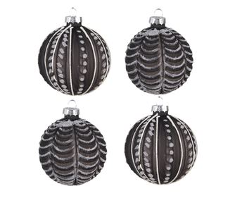 4 darabos fekete-fehér üveg karácsonyfadísz készlet, 8x8 cm