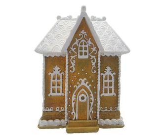 Mézeskalács házikó polirezin barna fehér LED-del 12x9x15 cm