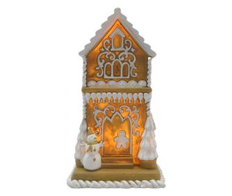 Mézeskalács házikó barna és fehér polyresin LED-del 8x8x15 cm