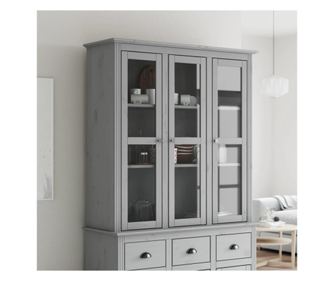 BODO Skříňka s prosklenými dveřmi, šedá, masivní borovice