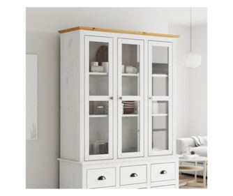 BODO Prosklená skříňka, bílá a hnědá, masivní borovicové dřevo